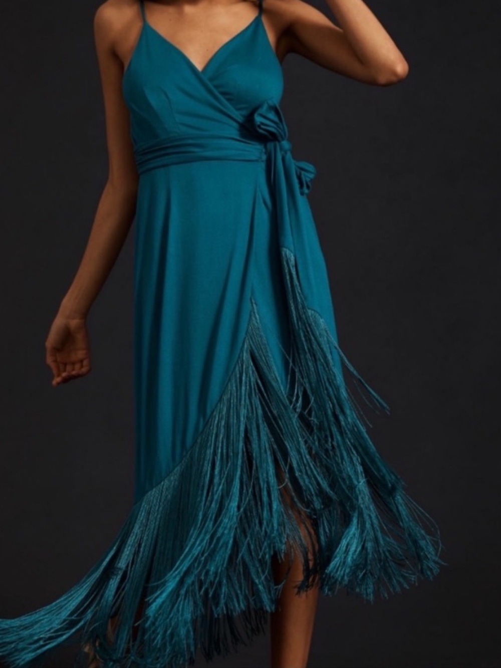 Hutch Teal Fringe Wrap Midi Dress